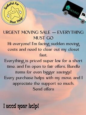 Urgent Moving Sale Graphic Poster - Pink & Blue Cloud Background